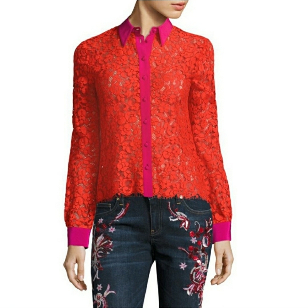 Roberto Cavalli Lace Button Down Shirt Silk Trim orange and Pink size M